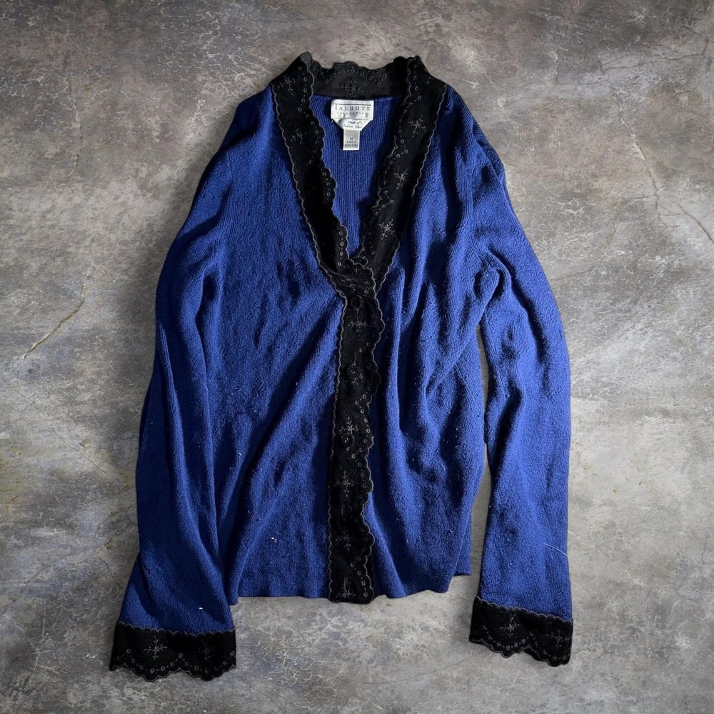 Vintage 90s Talbots Collection Blue Cashmere Cardigan Sweater Velvet Size M